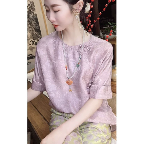 Модная ретро летняя шелковая рубашка, короткий рукав, китайский стиль