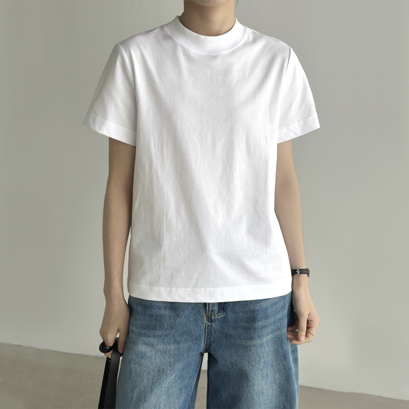 Half-High Collar, Regular Shoulder, Short-Sleeved T-Shirt for Women, New Spring/Summer Design, Casual and Versatile Basic Top with Center Seam