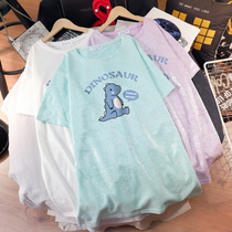 Pregnant women T-shirt summer new Korean loose slim belly belly cover cartoon print medium long T-shirt personality coat tide mother