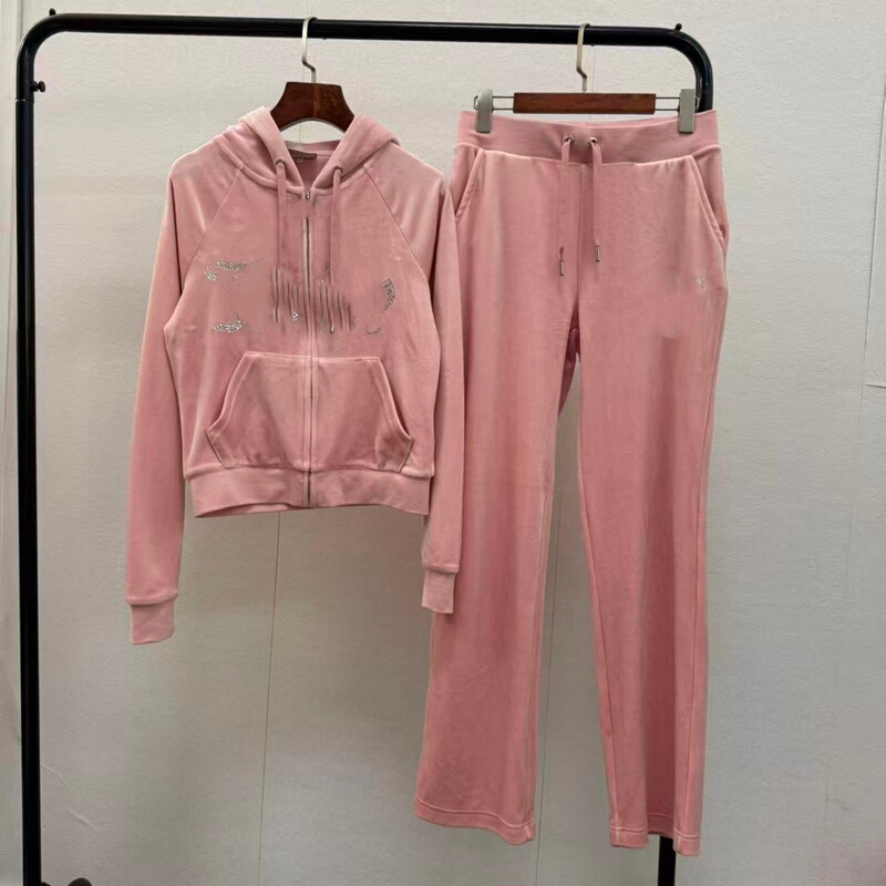 Ju Cut Label Velvet Pink Front Rhinestone Casual Set Skin-Friendly Soft Lin Sister Top m Pants S Size 1017
