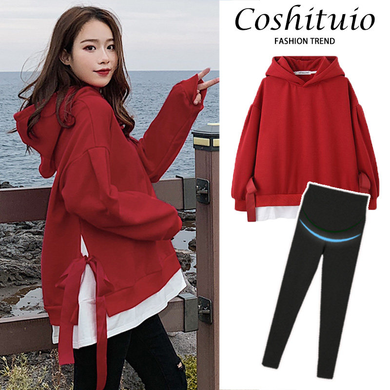 Pregnant Woman Sweatshirt Woman Spring Fashion Red Spring Autumn New Loose Veil not to be nostalgushed with cap blouses Spring Fashion suit