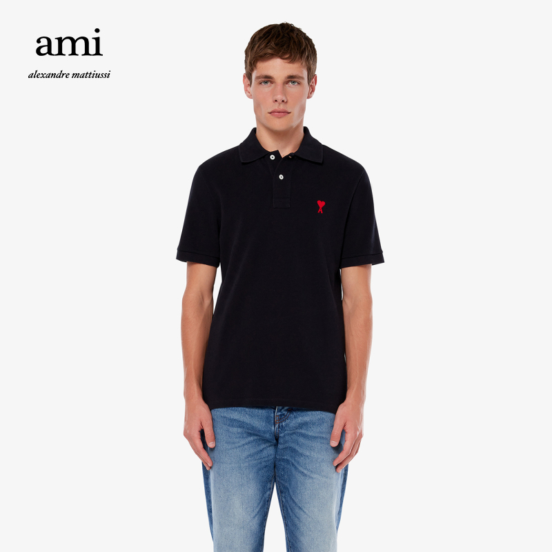 AMI Men's Classic Love Cotton-Solid Color Casual Simple Embroidery Pullover Slim Slim Short Sleeve Polo Shirt