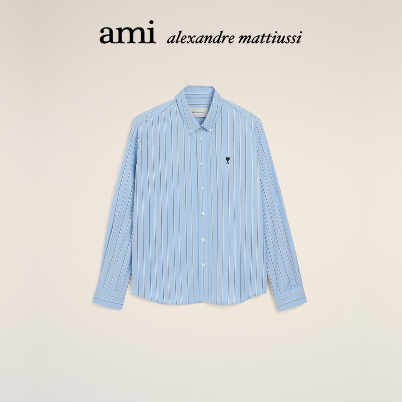 [Summer New Arrival] Ami Paris Wide Stripe Cotton Poplin Contrast Embroidery Adc Heart Long Sleeve Shirt