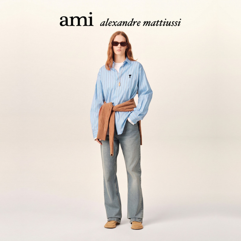 【Early Autumn New Arrival】 Ami Paris Wide Stripe Cotton Poplin Contrast Embroidery Adc Heart Long Sleeve Shirt 【Early Autumn New Arrival】 Ami Paris Wide Stripe Cotton Poplin Contrast Embroidery Adc Heart Long Sleeve Shirt