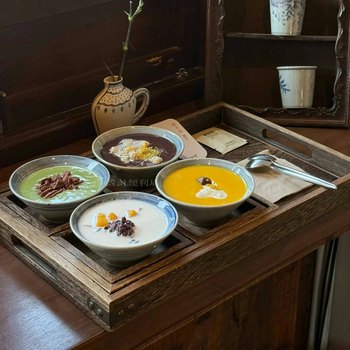 糖水铺木托盘陶瓷甜品碗中式复古餐具双皮奶甜汤碗四宫格点心盘