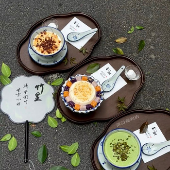 Sugar water shop wooden tray blue and white porcelain ceramic bowl household chinese retro tableware japanese tea rectangular sandalwood plate