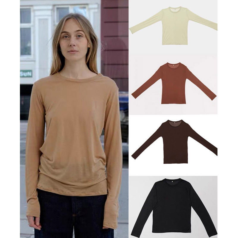 Raw Materials~Baserange French Niche Bamboo Fiber Round Neck Thin Semi-Sheer Base Shirt Loose Long-Sleeve T-Shirt for Women