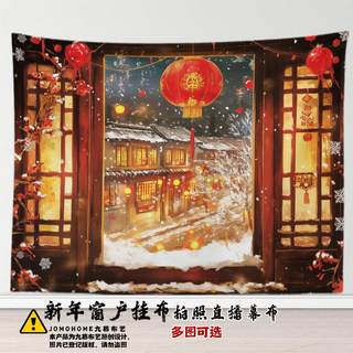 新年雪景喜气中式窗户美景挂布国风高级感客厅墙面装饰布直播拍照