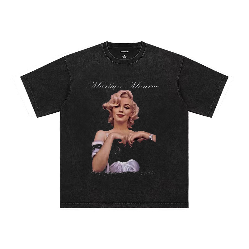 Marilyn Monroe Vintage Short-Sleeve Niche American Retro Print Heavy Washed Casual T-Shirt Trendy Pure Cotton Summer