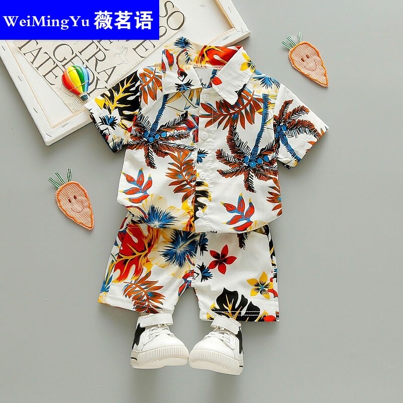  Boy Summer Short Sleeve Flowers Shirt Shorts Suit Children Holiday Beach Clothes Casual Pants Tide and America Printed Lining