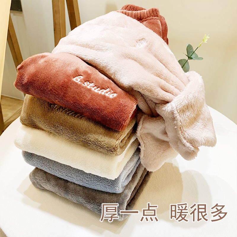 Children's pajama pants plus velvet thickening boys flannel baby leggings home pants autumn and winter girls coral fleece pants