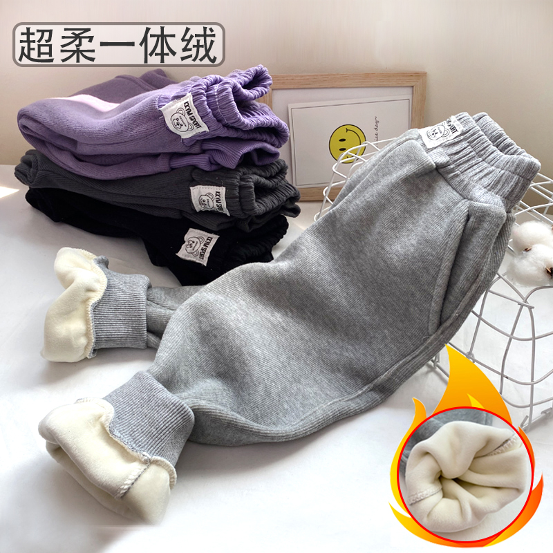 Children's casual pants plus velvet autumn and winter baby pants quilted boys warm Western style beam pants girls sweat pants thickening