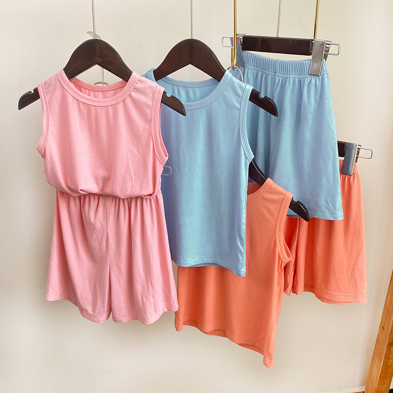 Boys and girls baby vest suit ice silk thin summer infant vest pajamas children's sleeveless vest shorts summer clothes