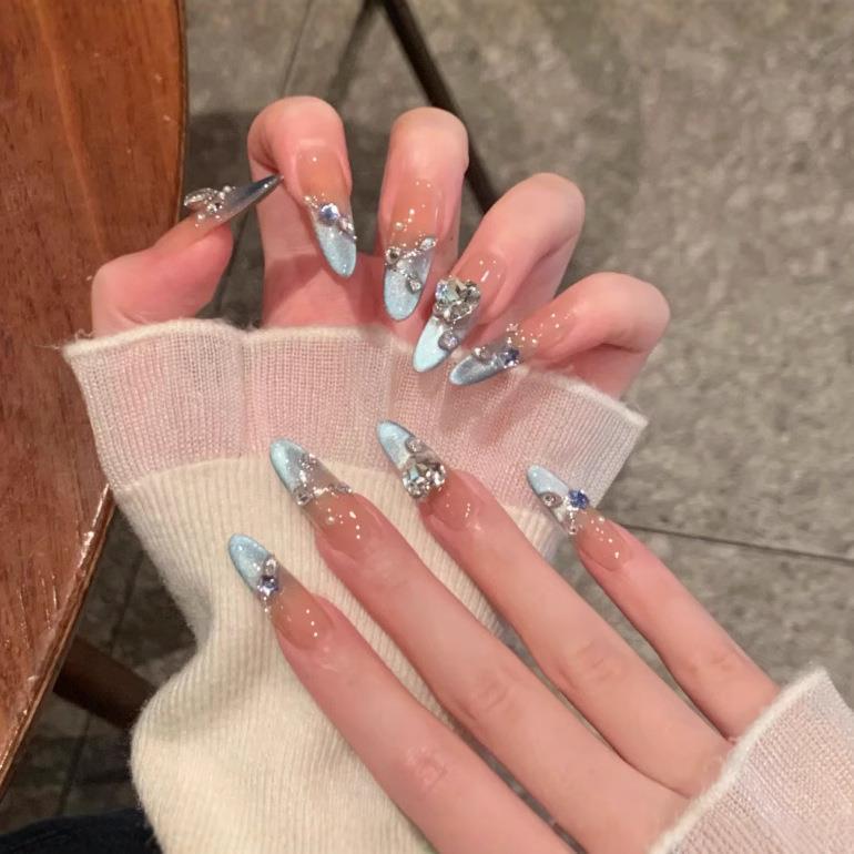 Xiaohongshu's Popular Wearable Nails with a High-End Feel, Cat-Eye Rhinestones, French-Style Handmade Wearable Nail Art, Sexy Pure Desire Fake Nails