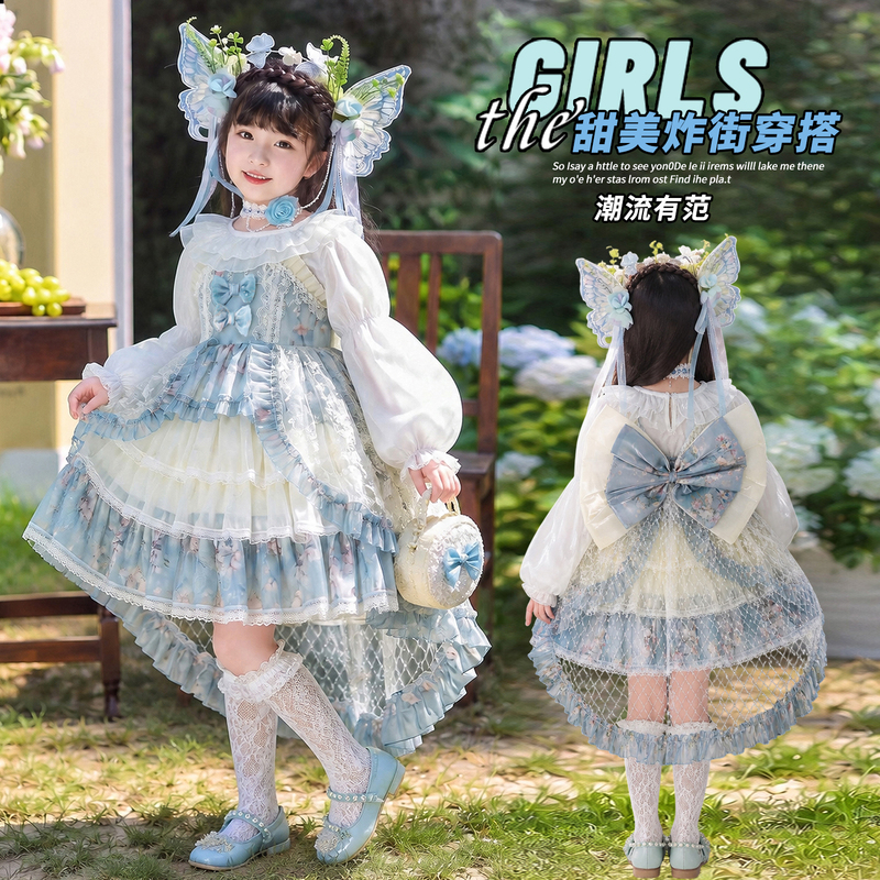 Lolita Princess Style Dress for Girls, Monet Garden Bowknot Ruffle Tutu Skirt, Super Cute Dress Lolita Princess Style Dress for Girls, Monet Garden Bowknot Ruffle Tutu Skirt, Super Cute Dress