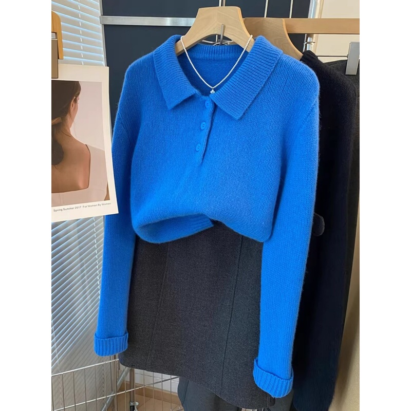 European Popular Style Klein Blue Polo Collar Sweater for Women, Super Nice-Looking Soft Knit Top for Autumn and Winter European Popular Style Klein Blue Polo Collar Sweater for Women, Super Nice-Looking Soft Knit Top for Autumn and Winter