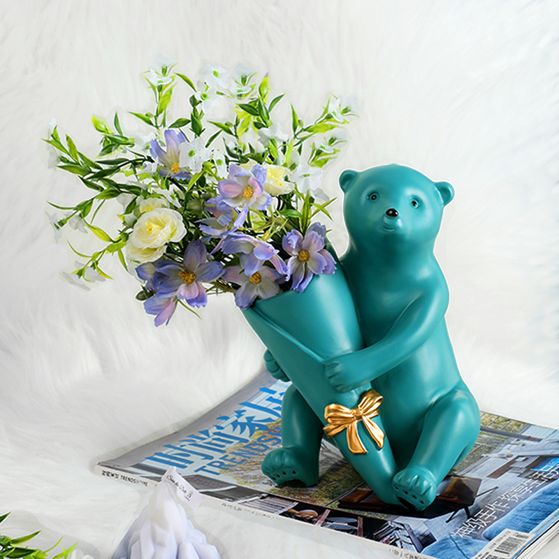 Cute Little White Bear Hug Flower Pendulum Piece Creative Living Room Bedroom TV Wine Cabinet Decorated Polar Bear Furnishing Home Accessories