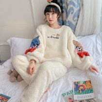 Korea ins coral velvet pajamas women winter thickened cartoon round neck flannel girls plus velvet home clothes suit