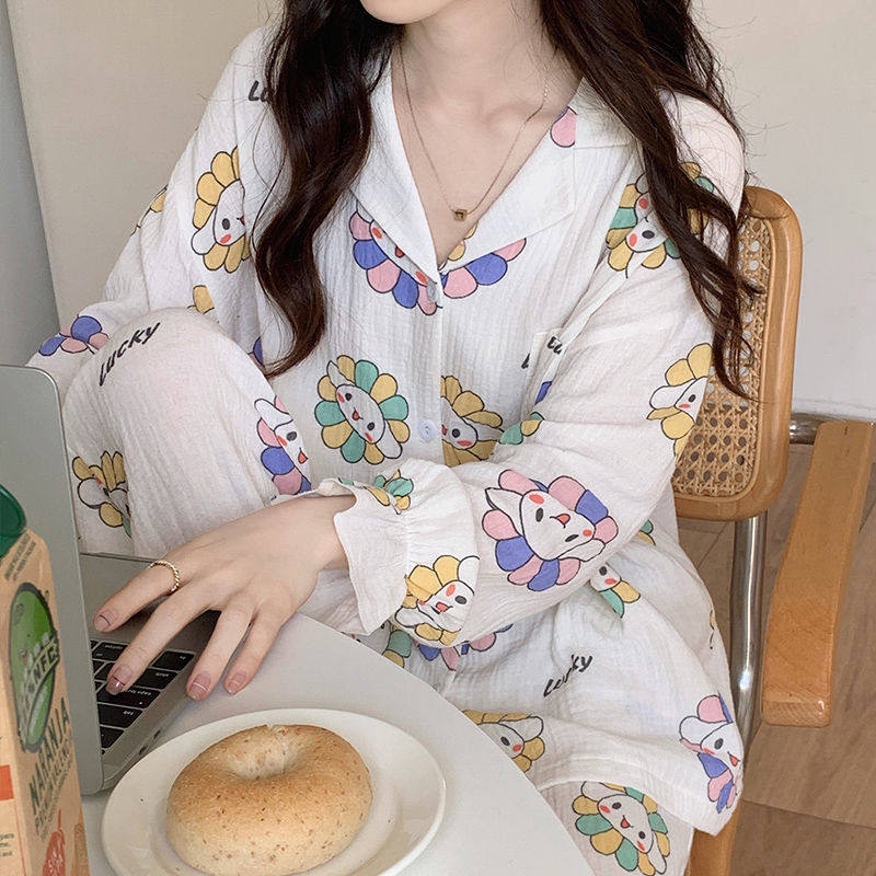 Cotton gauze pajamas women's spring and autumn long-sleeved suit Japanese double-layer baby gauze autumn and winter home clothes can be worn outside