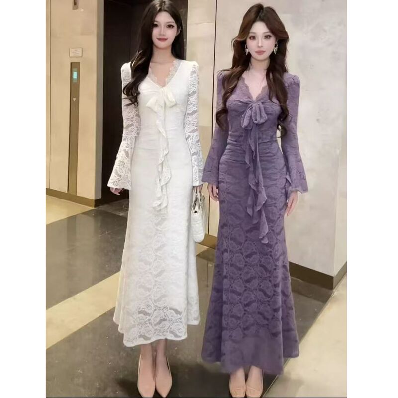 Sexy and Alluring Mature Style Purple V-Neck Lace Dress with Long Sleeves, Ribbon Flared Sleeves, Slim Fit and Bodycon Long Skirt Sexy and Alluring Mature Style Purple V-Neck Lace Dress with Long Sleeves, Ribbon Flared Sleeves, Slim Fit and Bodycon Long Skirt