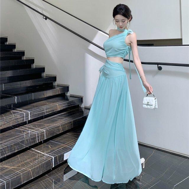 French Resort-Style Off-The-Shoulder Sleeveless Dress, Summer Mint Green, Elegant and High-End, Waist-Revealing, Stunning Beach Maxi Dress