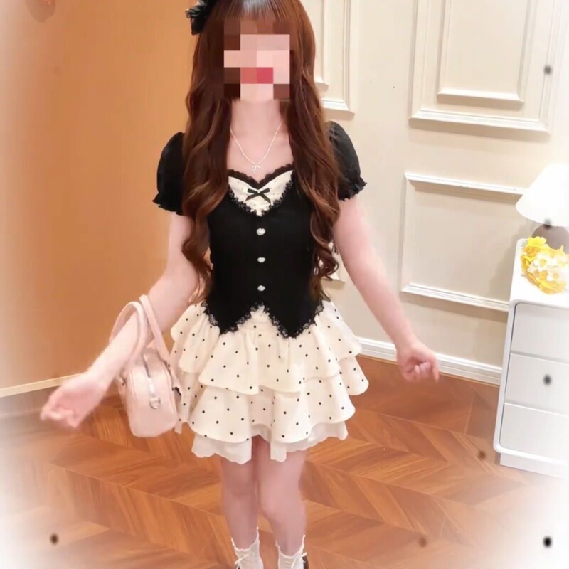 Japanese Soft Girl Sweet Style Fake Two-Piece Puff Sleeve Top with Puffy Cake Polka Dot Short Skirt Summer Outfit Set
