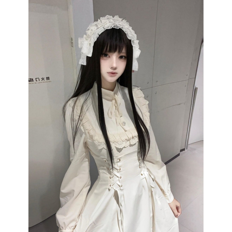 French-Style International Student White Stand-Up Collar Dress, Autumn Long-Sleeved Japanese Lolita Clothing, Waist-Cinching Long Dress