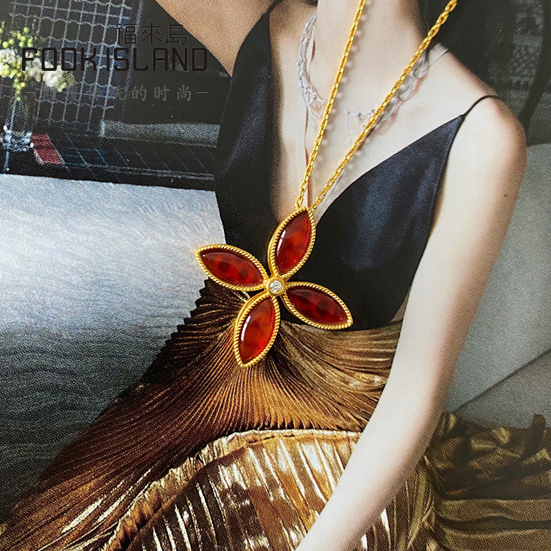 Fulai Gold Pending Fashion 999 - foot Gold Gold New Red Hanu Fourfoliage Pearl Pure Jewelry