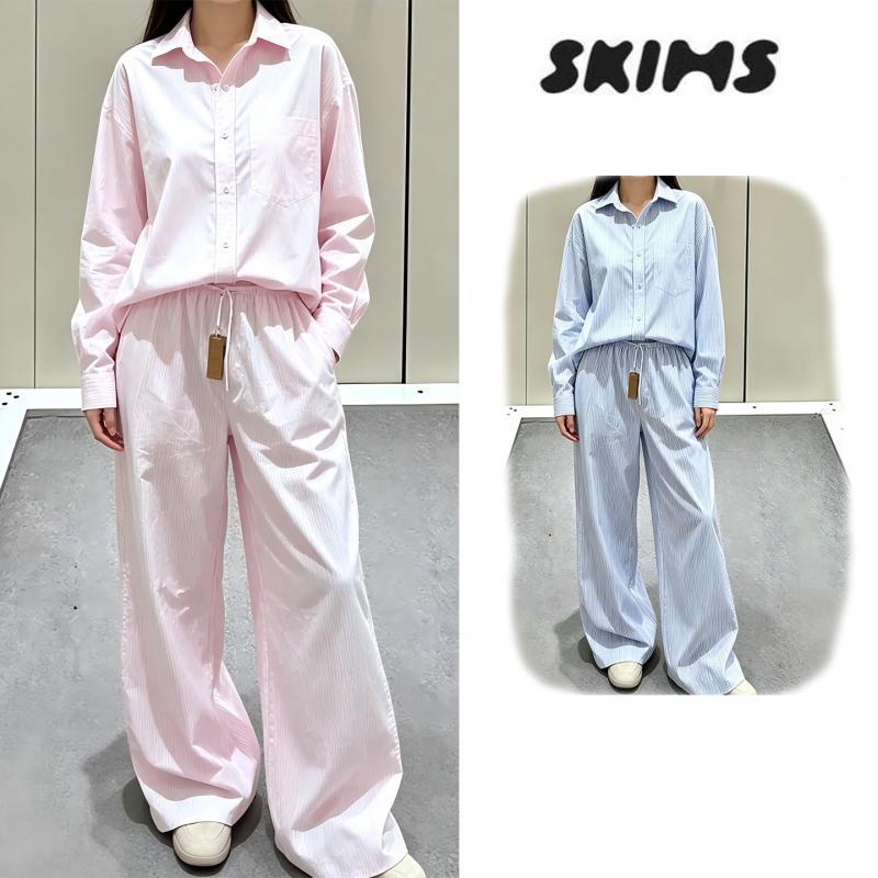 [Domestic Stock] Skims Kardashian Vertical Striped Solid Color Long-Sleeve Shirt Button-Up Wide-Leg Pants Set for Women