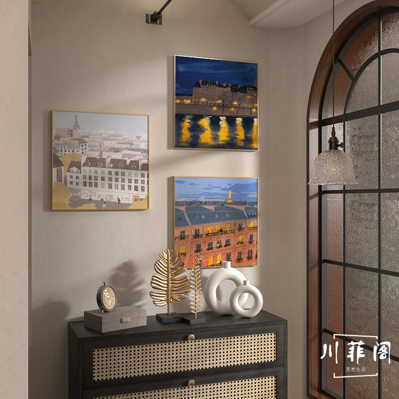砂岩画艺术风景装饰画中古风客厅餐桌墙壁挂画餐边柜台面组合摆画