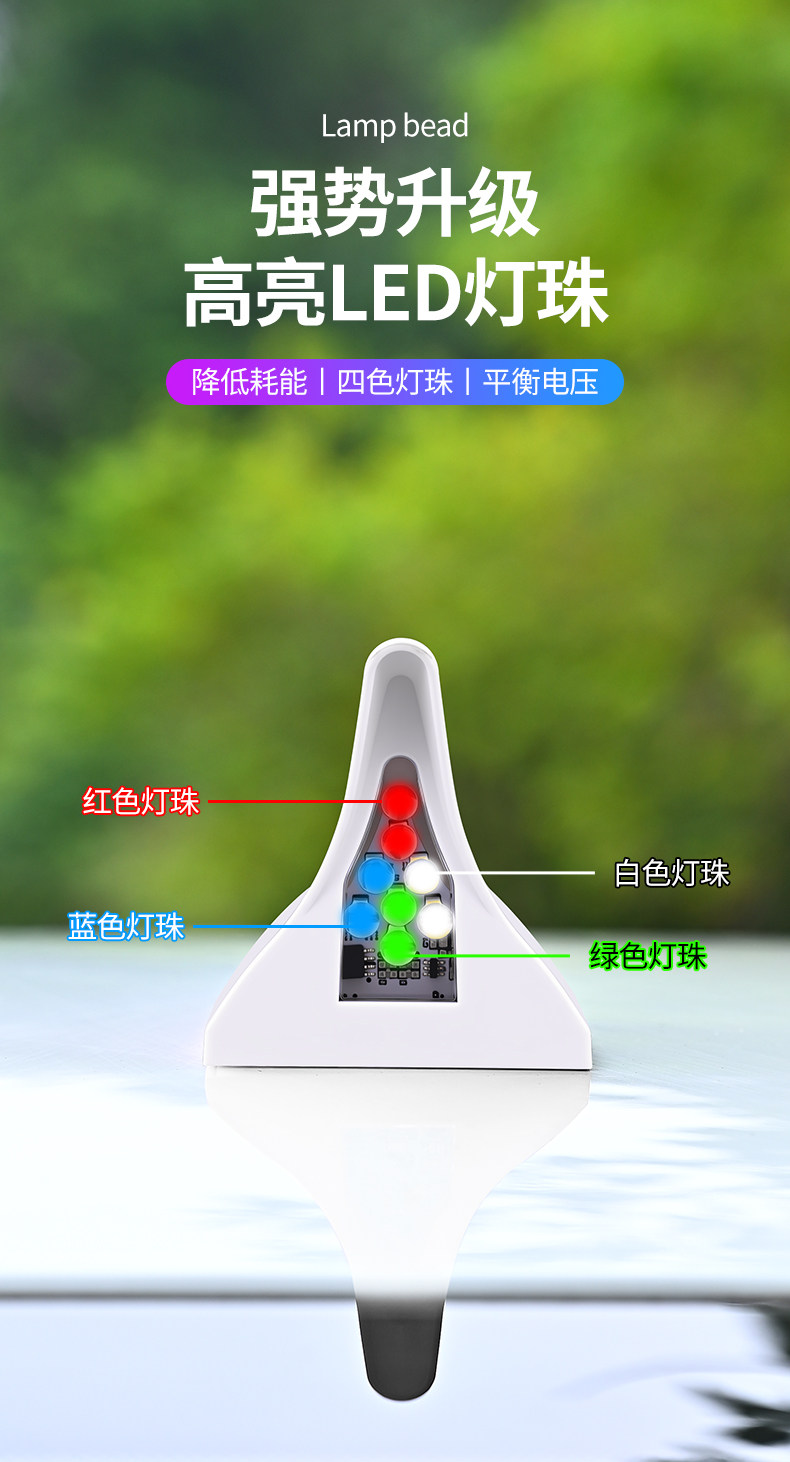 Car Solar Antenna Fin Light Universal Roof Anti-Rear Collision Warning Light Shark Fin Strobe Light Decoration