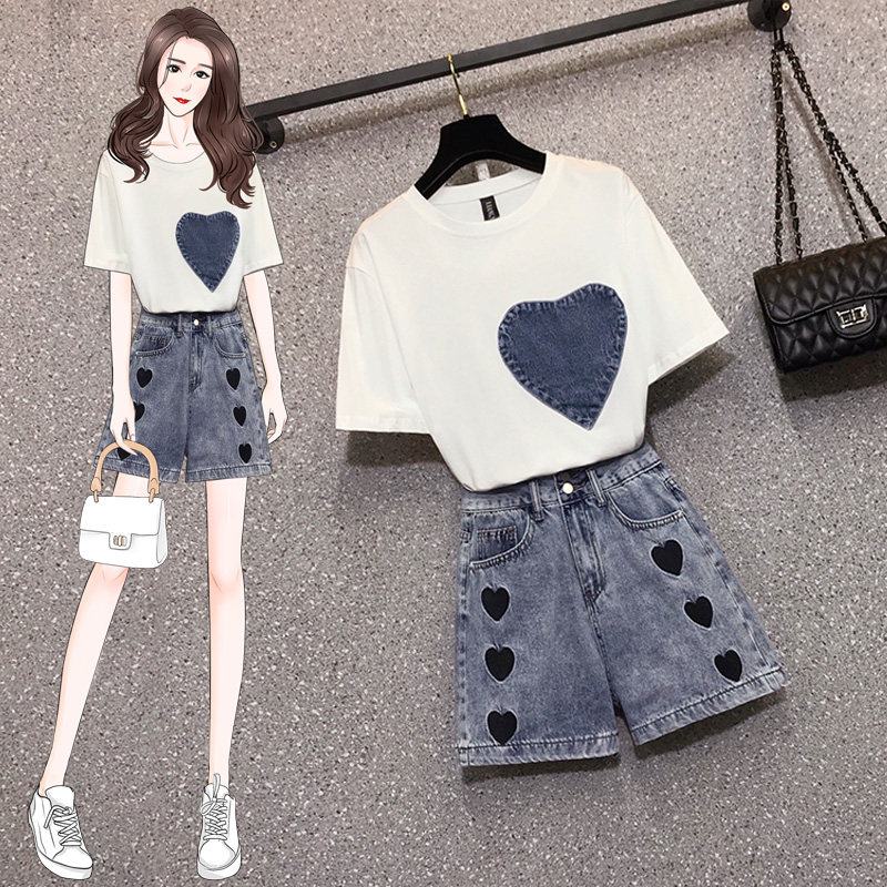 High-end large size women's clothing 2021 summer fat mm design sense fat T-shirt short sleeve high waist love wide leg denim shorts