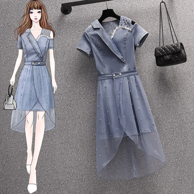 High-end large size women's summer clothes 2021 new fat sister thin foreign school design sense two denim dress suit