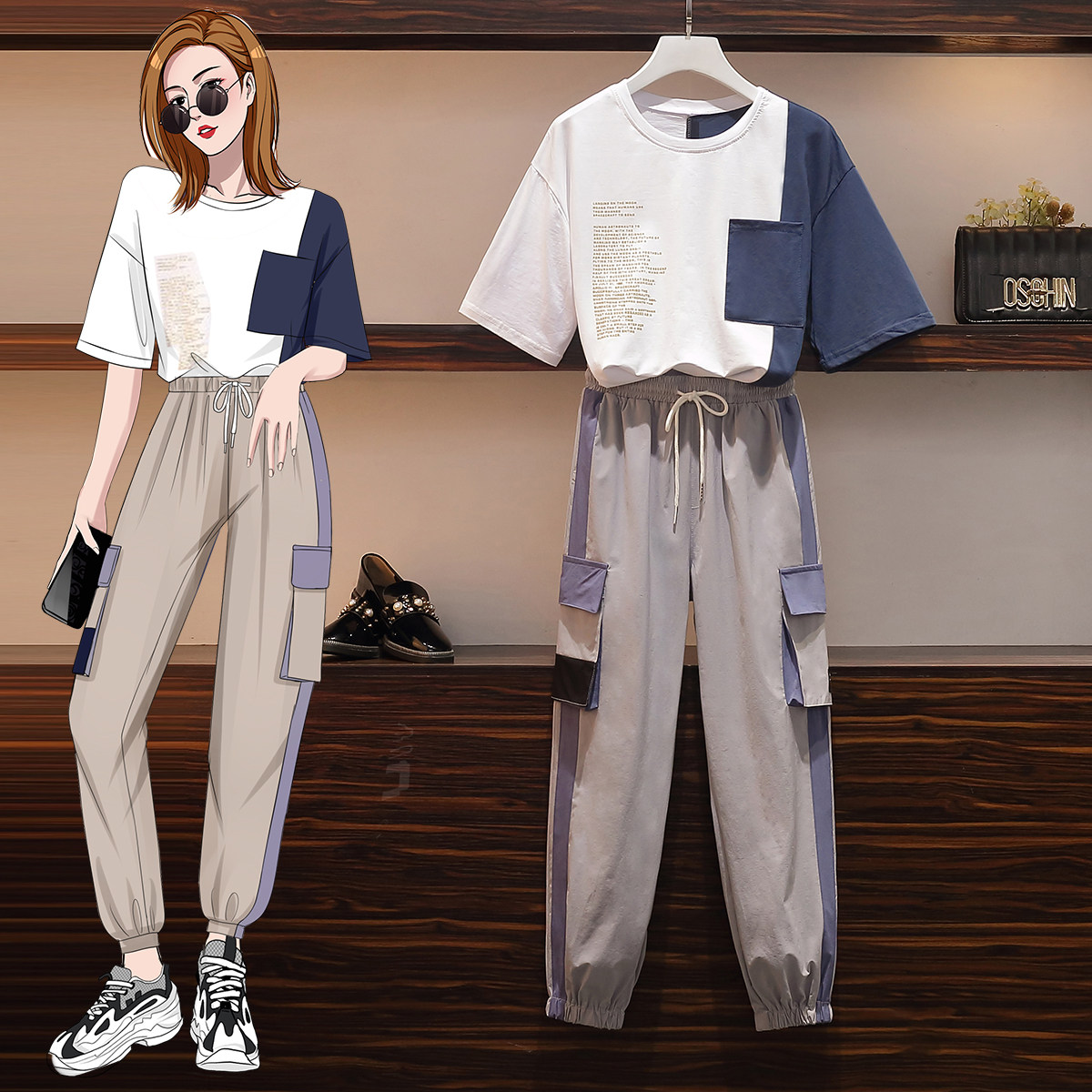 High-end large size women's clothing 2021 spring and summer new fat sister foreign school age reduction thin casual overalls pants two-piece suit