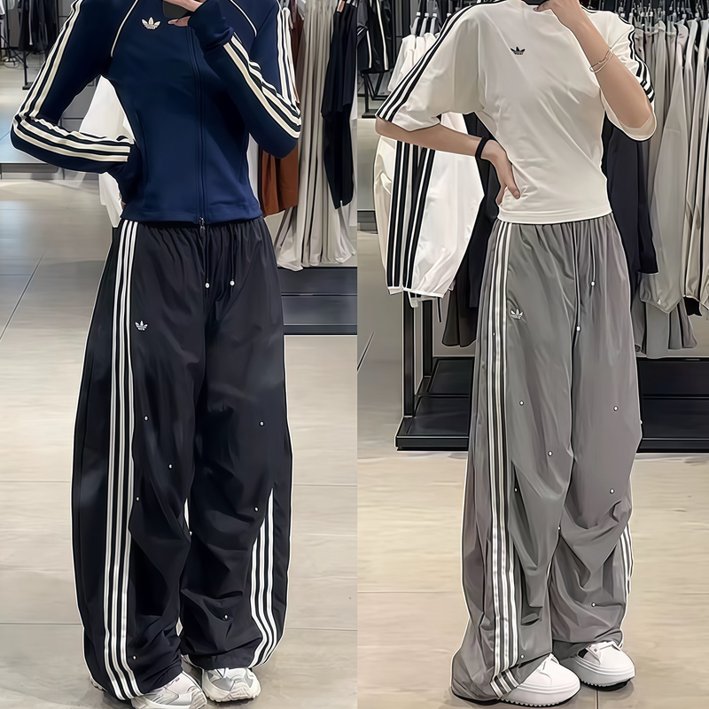 Adidas Long Pants for Men and Women, Trefoil Small Pearl High-Waisted Casual Loose Wide-Leg Pants Ks2865 Ks2866