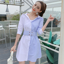 2020 spring and summer new Korean slim V-neck striped shirt dress female mid-length contrast color stitching shirt dress