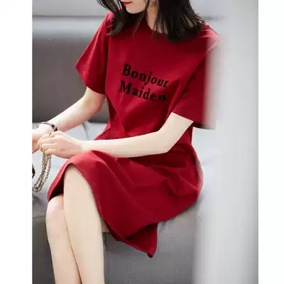 い Red flocking mercerized cotton thin T-shirt dress mid-length summer new QZ392136MG