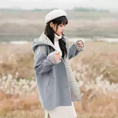 Autumn and winter women's little children Japanese loose literary hooded Plaid stitching woolen coat medium and long version of student coat