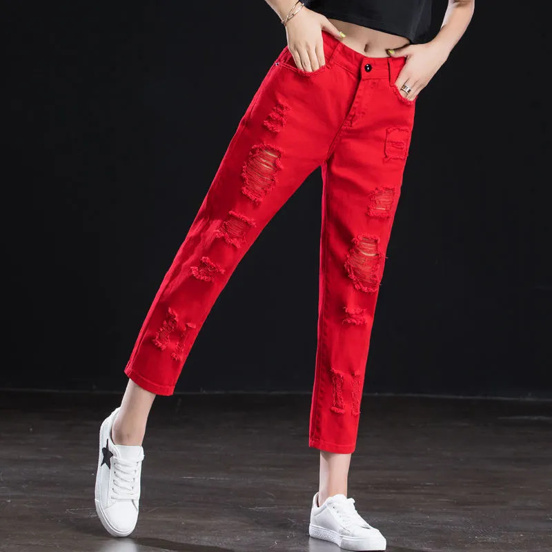 Red Ripped Cropped Jeans for Women, Summer 2026 New Style, Straight Loose High-Waisted Casual Harem Dad Pants Red Ripped Cropped Jeans for Women, Summer 2026 New Style, Straight Loose High-Waisted Casual Harem Dad Pants