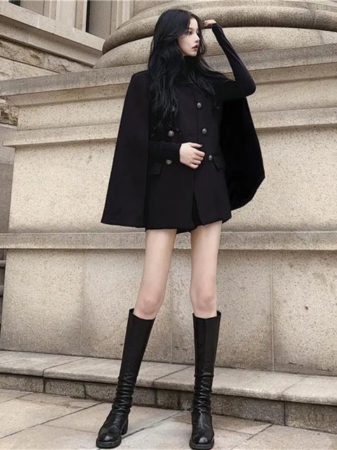 Korean Style Internet Celebrity Black Cape Coat for Women, Autumn 2025 New Versatile Loose Stand-Up Collar Woolen Coat, Mid-Length