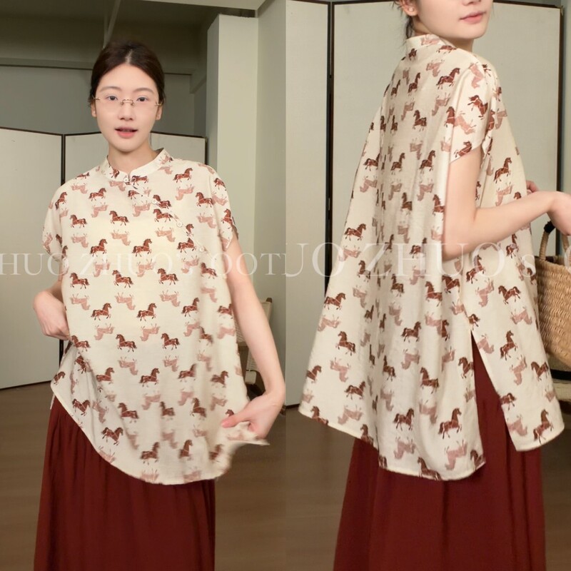 Moonpro Original【Feeding Horses and Splitting Firewood】New Chinese-Style Red Diagonal-Collar National Style Pony Print Versatile Shirt