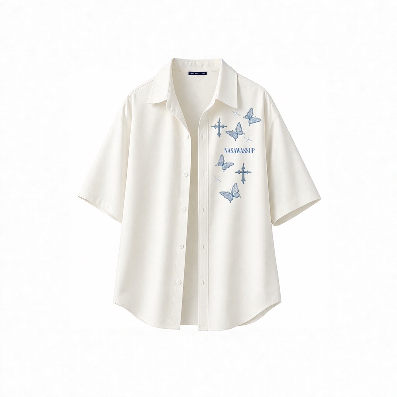 New Chinese-Style Butterfly Letter Print Shirt, Summer Unisex Loose Casual Style Stand-Up Collar Ice-Feel Breathable Top