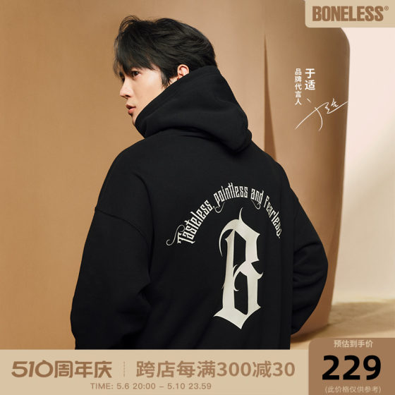 BONELESS Arc 고딕 문자 로고 프린트 남성용 헤비 벨벳 후드 티셔츠