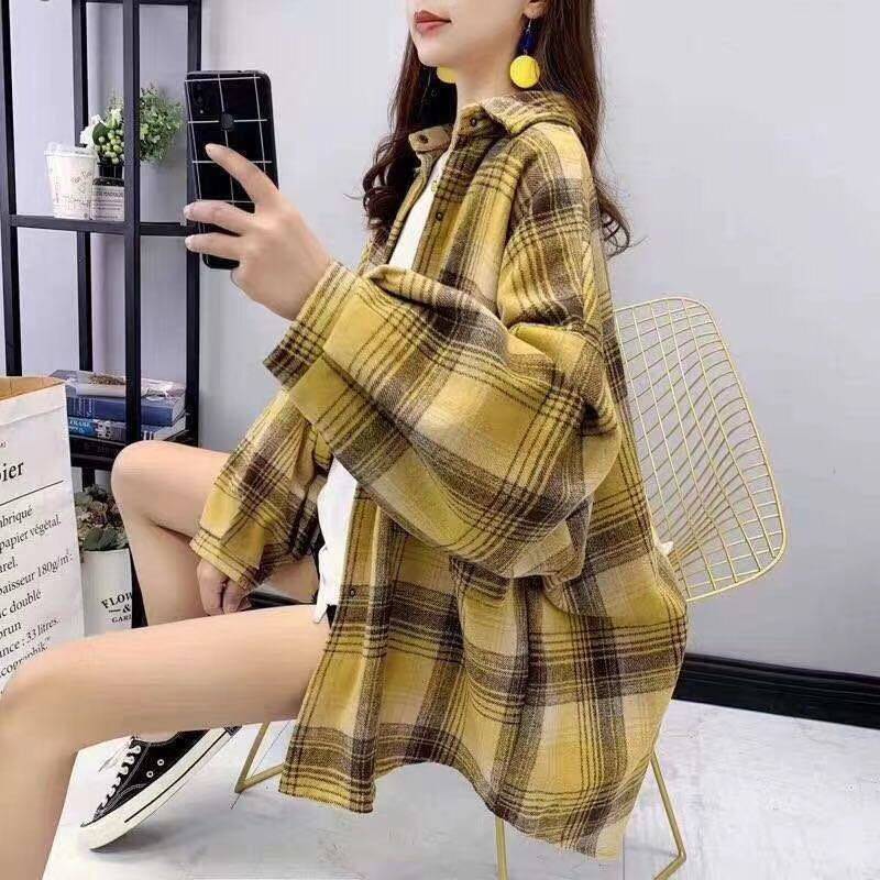 Retro plaid long-sleeved POLO collar blouses Fall new Korean version of women's clothing art loose 100 hitch overfire shirt woman
