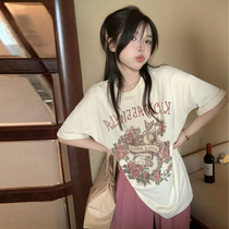 Pregnant womens lazy style suit pure cotton retro rose print short-sleeved T-shirt wide-leg casual trousers summer two-piece set