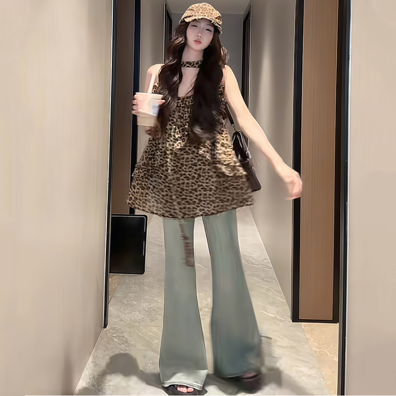 Maternity Set Korean Style Fashionable Leopard Print Camisole Top Sun Protection Cardigan Flared Jeans Summer New Three-Piece Set
