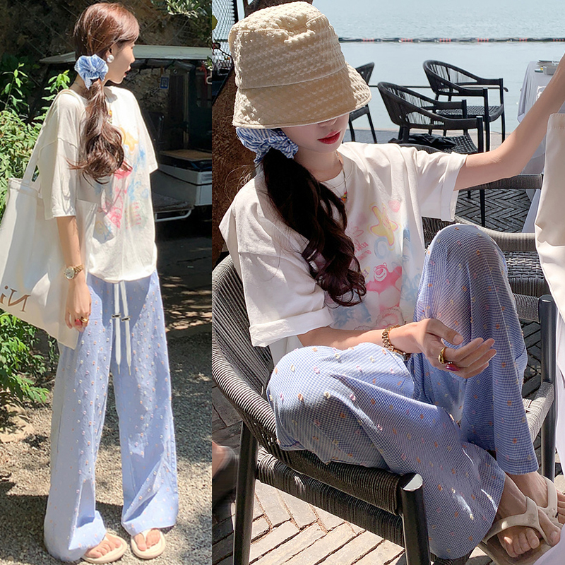 Maternity Suit for Petite Women, Pure Cotton Printed Loose Short-Sleeved Top T-Shirt, Blue Wide-Leg Pants, New Summer Two-Piece Set