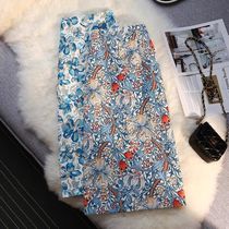 Medium-length retro printed skirt womens 2021 summer new high-waisted thin a-line skirt anti-light bag hip skirt