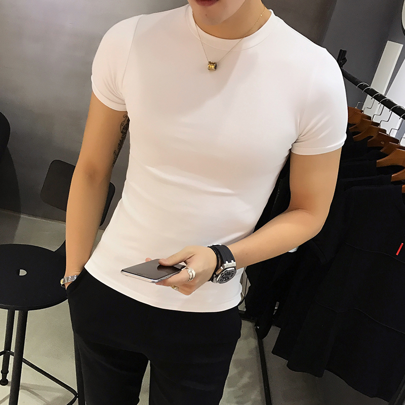 チドリ半袖メンズTシャツラウンドネックスリムフィット半袖タイトボディシャツホワイトとブラックボトムシャツトレンディな夏純綿