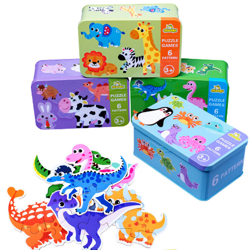 Creative six-in-one iron box puzzle infant early education puzzle block cartoon animal transportation wooden puzzle toy